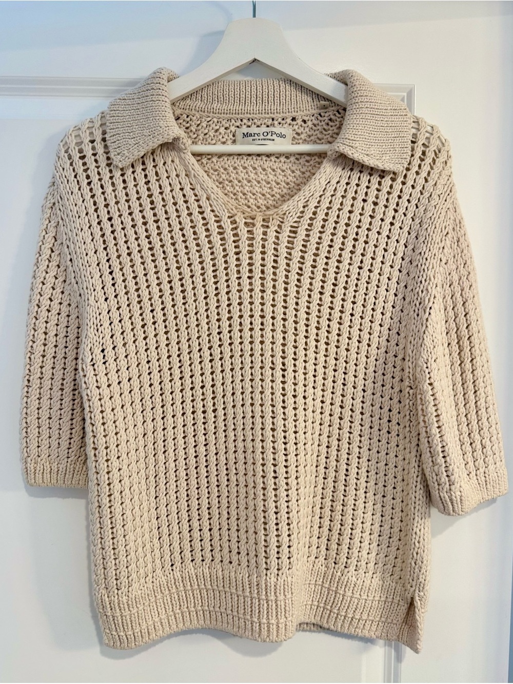 Marc O'Polo Cream Open-Knit V-Neck Sweater with Collar